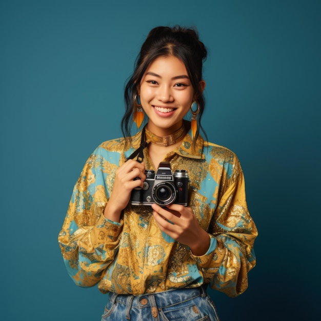 Elegant Asian Woman in Patterned Shirt Holding DSLR Camera for Photography Workshops