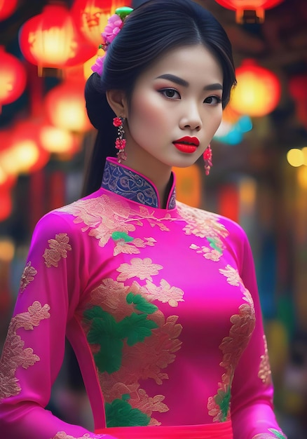 Elegant asian woman wearing aodai the national traditional dress in Vietnam high quality portrait