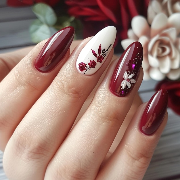 Photo elegant autumn nail art burgundy and floral designs