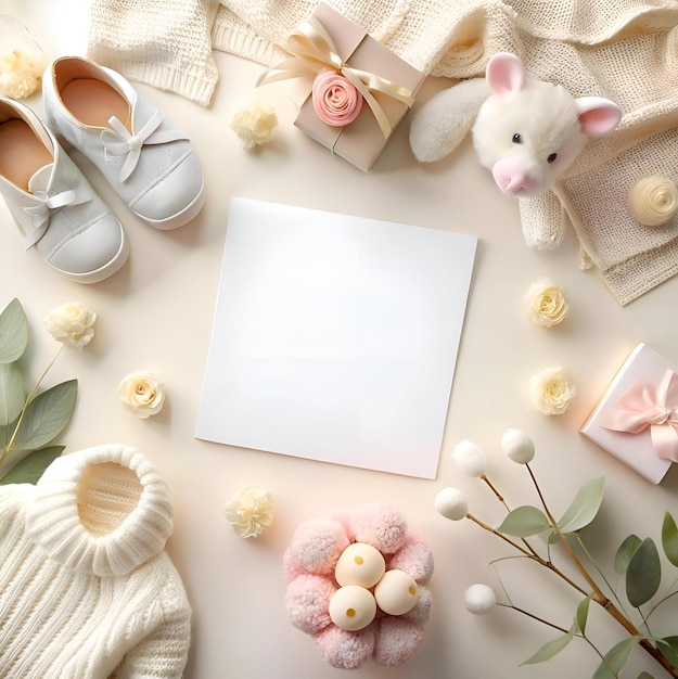 Photo elegant baby shower invitation mockup featuring a blank card surrounded by delicate baby accessories gifts and floral accents