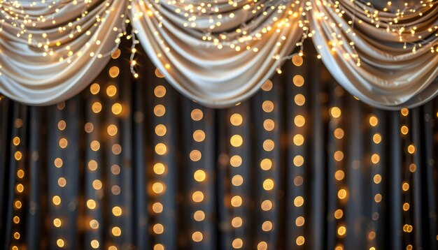 Photo elegant backdrop with glowing string lights and draped curtains in a warm cozy setting perfect