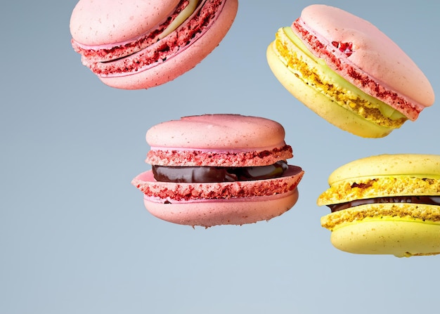 Elegant Bakery Artistry CloseUp of Airborne Macaroons Indulge in Sugary Delights