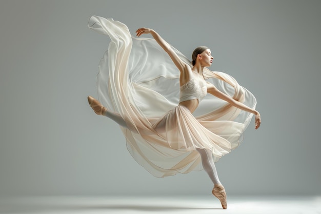 Elegant ballerina in modern ballet with silk fabric and pointe shoes grace gray background