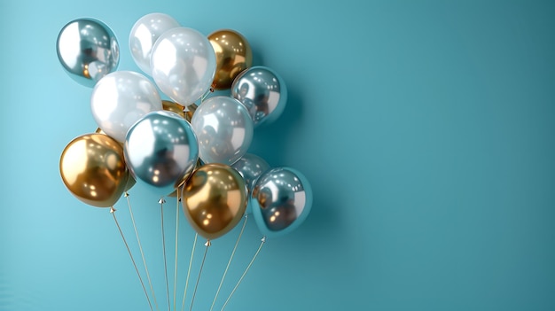 Elegant balloon arrangement gold silver and white balloons light blue background festive celebration