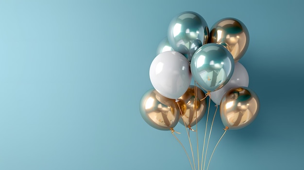 Elegant balloon arrangement gold silver and white balloons light blue background festive celebration