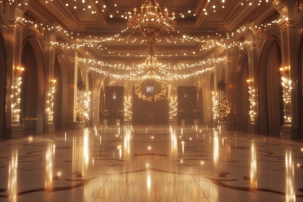 Elegant ballroom adorned with fairy lights