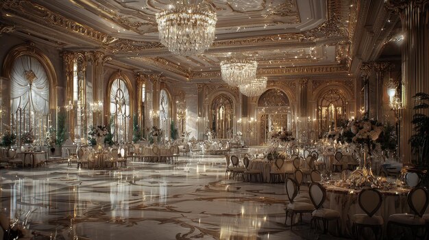 Photo elegant ballroom interior design with gold accents and chandeliers