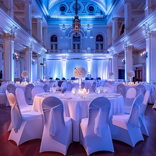 Photo an elegant ballroom wedding with white round tables and chairs the chairs are covered with a sleek