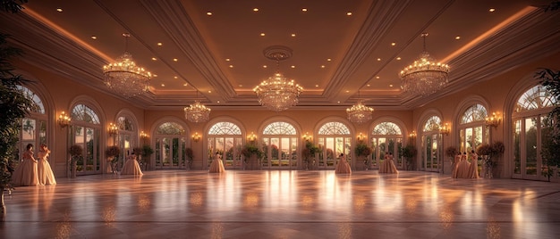 Photo elegant ballroom with women in white dresses and chandeliers