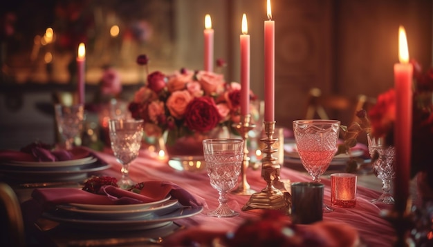 Elegant banquet table illuminated by candlelight and wine generated by AI