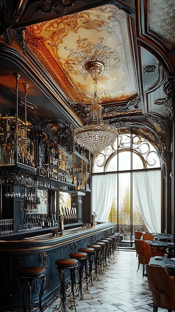 Elegant Bar Interior with Ornate Details and a View of Trees Through a Window