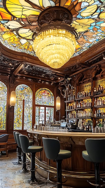 Elegant Bar Interior with Stained Glass Ceiling and Chandelier