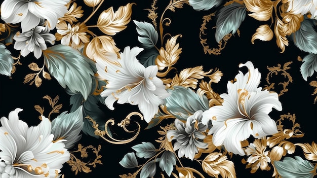 Elegant baroque pattern with flowers and golden element Generative AI