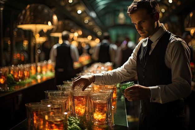 Elegant bartender serves sparkling in a glamorous gala event generative IA