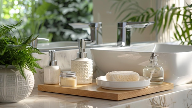 Elegant bathroom countertop with spa essentials including soap dispensers a brush and lush greenery creating a serene luxurious atmosphere