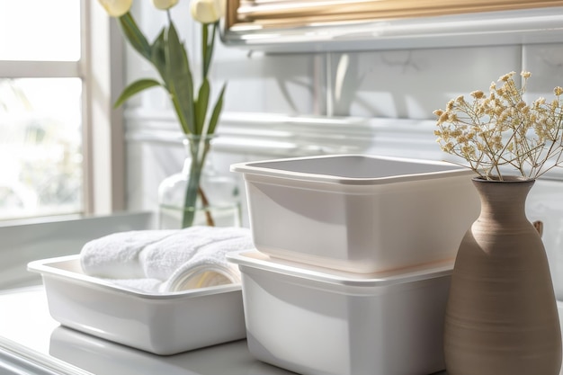 Elegant bathroom setup with stacked storage containers and fresh flowers at midday