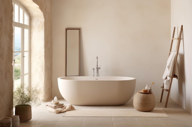 Elegant bathroom with beige and white walls oval mirror bathtub plants and parquet floor