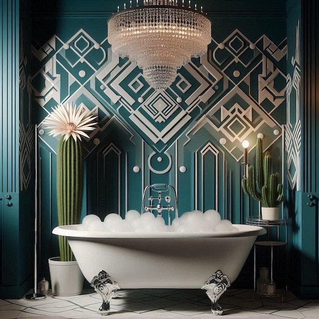 Elegant bathroom with chandelier and tub