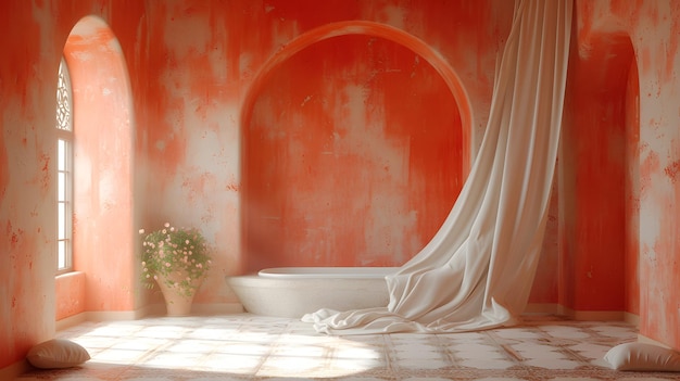 Elegant bathroom with terracotta walls white freestanding tub sheer curtain and natural light