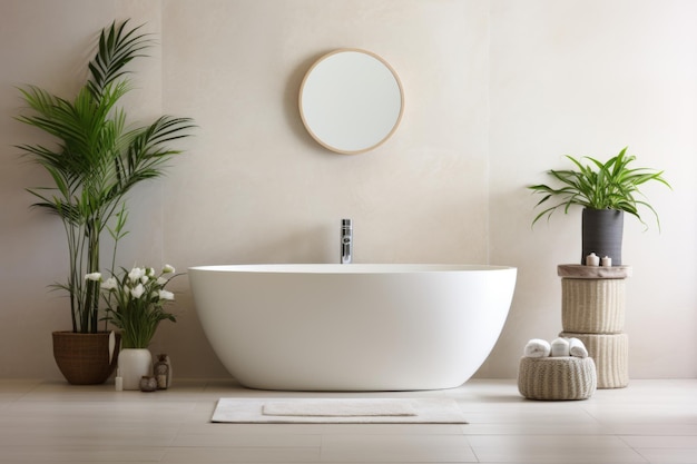 Elegant bathroom with white basin oval mirror bathtub shower and parquet floor