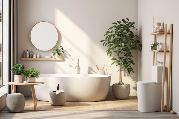 Elegant bathroom with white basin oval mirror bathtub shower plants and parquet floor