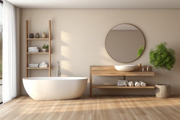 Elegant bathroom with white and beige walls basin mirror bathtub shower plants parquet floor