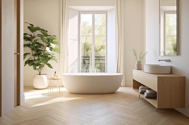 Elegant bathroom with white walls basin oval mirror bathtub shower plants parquet floor