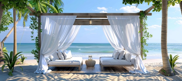 Elegant Beachfront Cabana with Sheer Curtains A luxurious beachfront cabana with sheer white curtains blowing gently in the breeze