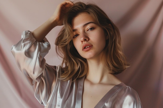 Elegant Beautiful woman in a silver silk blouse set against a dusty rose background in a studio highlighting classic sophistication