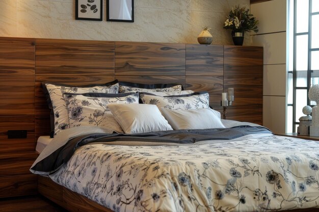 Elegant Bedroom Design with a Wooden Headboard and Warm Inviting Bedding