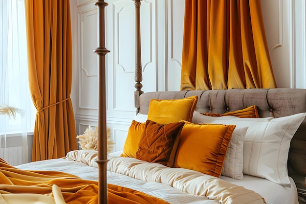 Elegant Bedroom Interior Design with Yellow Curtains and Pillows Photo