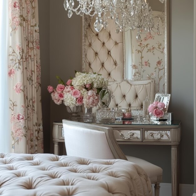 Photo elegant bedroom interior with floral decor vanity table and crystal chandelier