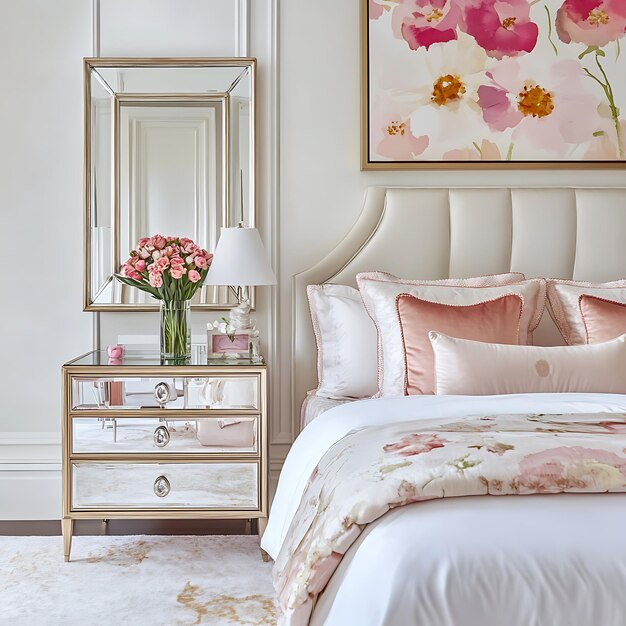 Photo elegant bedroom interior with gold accents and floral decor