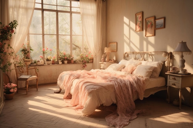 Elegant bedroom the sun shines in furniture pillow chair