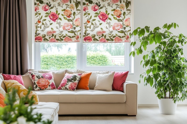 Elegant Beige Room Featuring Bold Floral Patterned Window Cover Perfect for Home Decor Inspiration and Design Projects