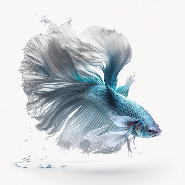 Elegant beta fish that jumps by splashing on a white background