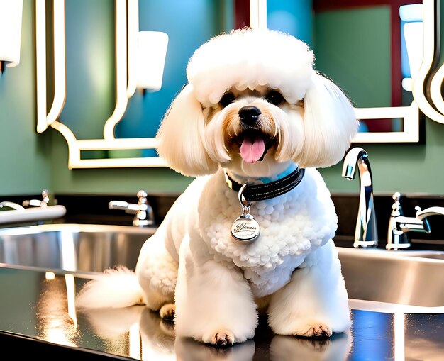 Photo elegant bichon frise getting a bathroom and trim at salon