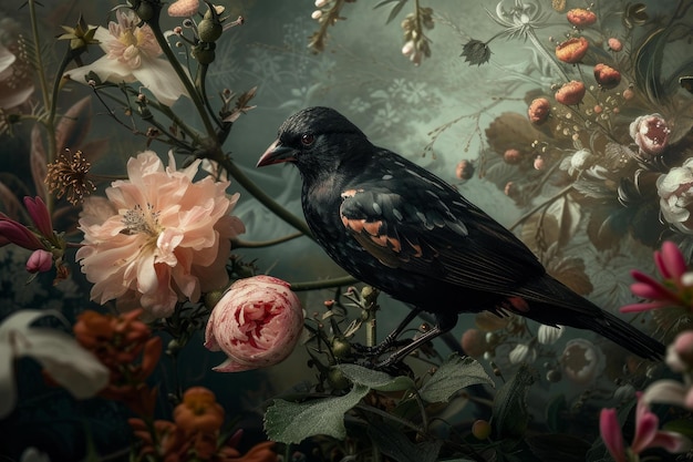 Elegant Bird flowers barocco Generate Ai