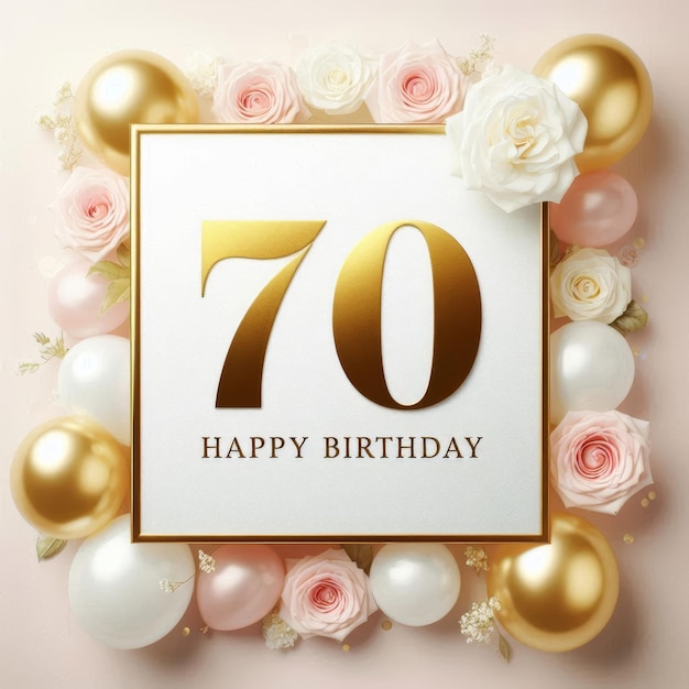 Photo elegant birthday celebration card with roses and balloons featuring 70 in gold