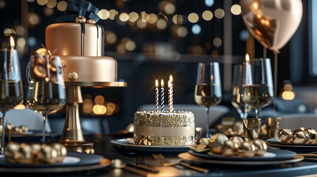 Elegant Birthday Party Table Setting with Cake and Candles