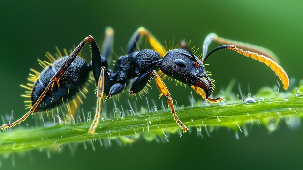 Photo elegant black ant on green background macro photography of an anthropomorphic black ant standing i