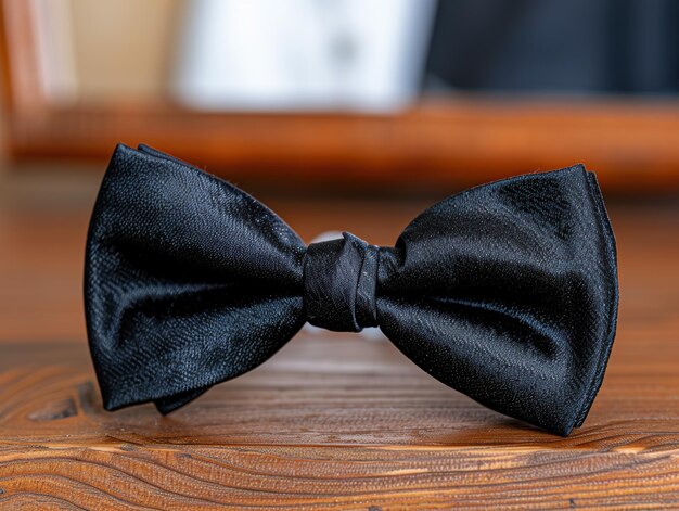 Elegant black bow tie on wooden table