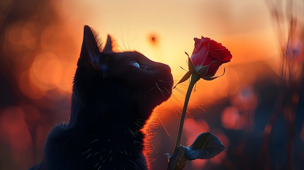 Elegant Black Cat Holding Rose Against Romantic Sunset Backdrop