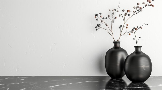 Photo elegant black ceramic vases on a black marble table against a dark backdrop