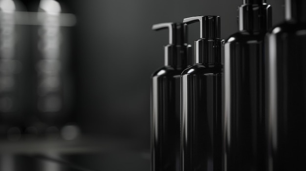 Elegant black cosmetic bottles in a dark stylish setup