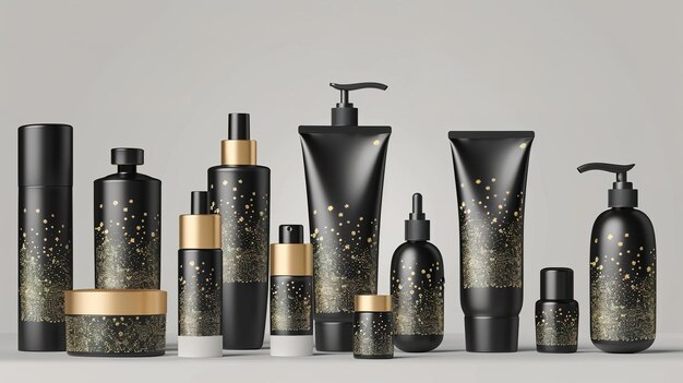 Elegant black cosmetic bottles with gold accents and sparkling stars