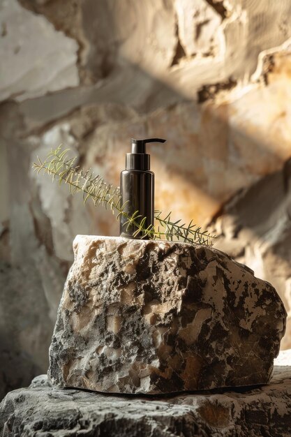 Photo elegant black cosmetics bottle on natural stone with greenery in modern minimalist setting