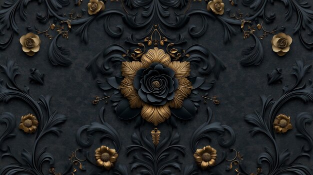 Photo elegant black floral pattern with golden accents on dark textured background