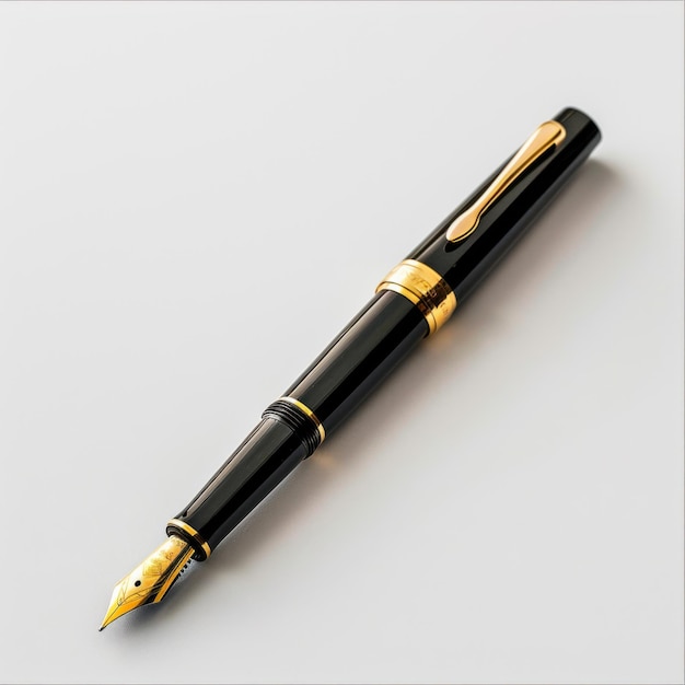 Elegant black fountain pen with gold accents on a white background