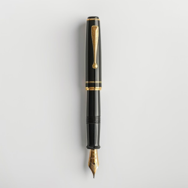 Elegant black fountain pen with gold nib and clip on white background